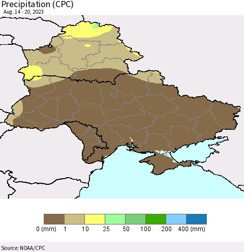 Ukraine, Moldova and Belarus Precipitation (CPC) Thematic Map For 8/14/2023 - 8/20/2023