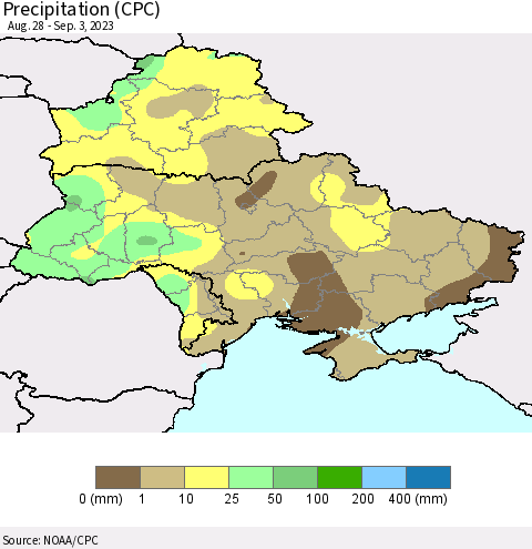 Ukraine, Moldova and Belarus Precipitation (CPC) Thematic Map For 8/28/2023 - 9/3/2023