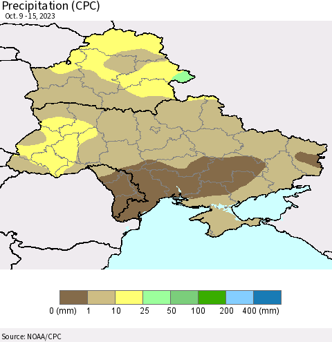 Ukraine, Moldova and Belarus Precipitation (CPC) Thematic Map For 10/9/2023 - 10/15/2023
