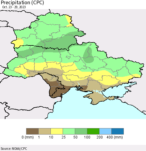 Ukraine, Moldova and Belarus Precipitation (CPC) Thematic Map For 10/23/2023 - 10/29/2023