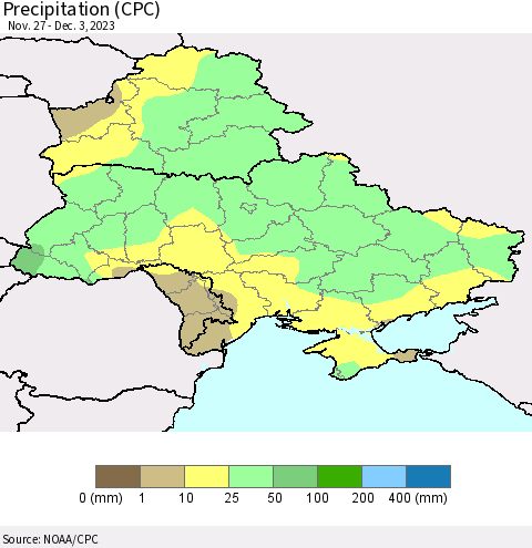 Ukraine, Moldova and Belarus Precipitation (CPC) Thematic Map For 11/27/2023 - 12/3/2023
