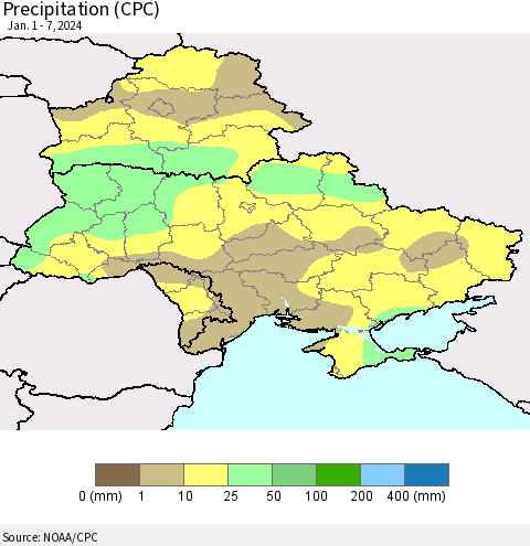 Ukraine, Moldova and Belarus Precipitation (CPC) Thematic Map For 1/1/2024 - 1/7/2024