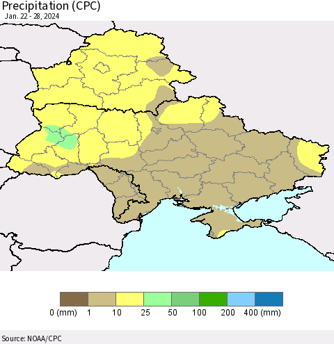 Ukraine, Moldova and Belarus Precipitation (CPC) Thematic Map For 1/22/2024 - 1/28/2024