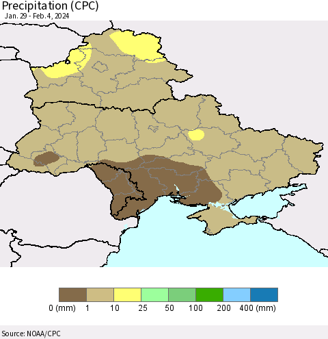 Ukraine, Moldova and Belarus Precipitation (CPC) Thematic Map For 1/29/2024 - 2/4/2024