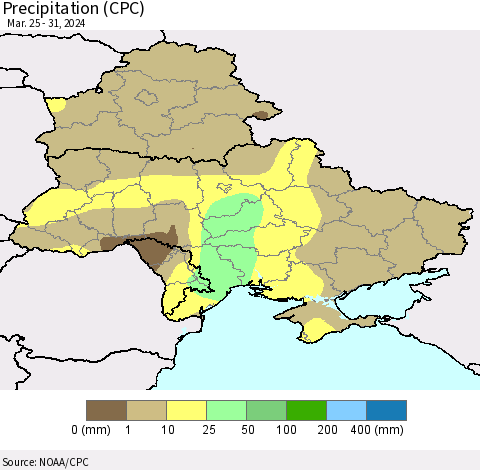 Ukraine, Moldova and Belarus Precipitation (CPC) Thematic Map For 3/25/2024 - 3/31/2024