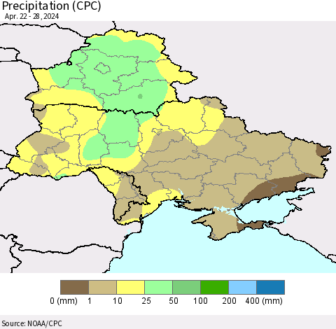 Ukraine, Moldova and Belarus Precipitation (CPC) Thematic Map For 4/22/2024 - 4/28/2024
