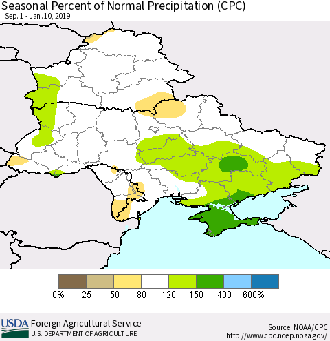 Ukraine, Moldova and Belarus Seasonal Percent of Normal Precipitation (CPC) Thematic Map For 9/1/2018 - 1/10/2019