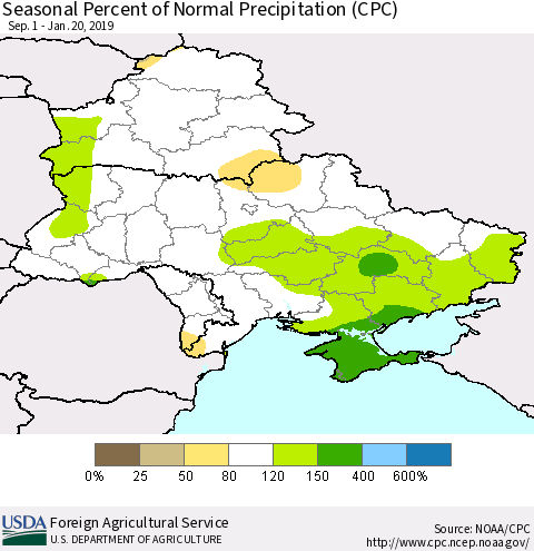Ukraine, Moldova and Belarus Seasonal Percent of Normal Precipitation (CPC) Thematic Map For 9/1/2018 - 1/20/2019