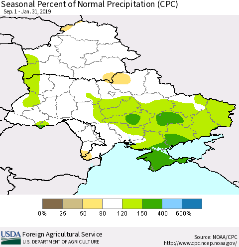 Ukraine, Moldova and Belarus Seasonal Percent of Normal Precipitation (CPC) Thematic Map For 9/1/2018 - 1/31/2019