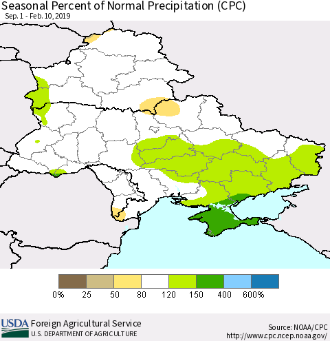 Ukraine, Moldova and Belarus Seasonal Percent of Normal Precipitation (CPC) Thematic Map For 9/1/2018 - 2/10/2019