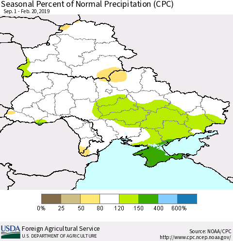 Ukraine, Moldova and Belarus Seasonal Percent of Normal Precipitation (CPC) Thematic Map For 9/1/2018 - 2/20/2019