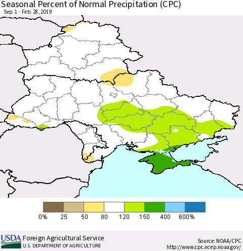 Ukraine, Moldova and Belarus Seasonal Percent of Normal Precipitation (CPC) Thematic Map For 9/1/2018 - 2/28/2019