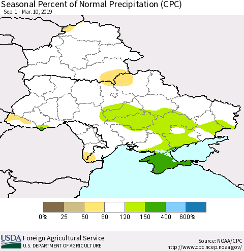 Ukraine, Moldova and Belarus Seasonal Percent of Normal Precipitation (CPC) Thematic Map For 9/1/2018 - 3/10/2019