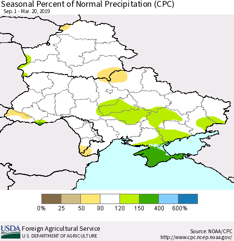 Ukraine, Moldova and Belarus Seasonal Percent of Normal Precipitation (CPC) Thematic Map For 9/1/2018 - 3/20/2019