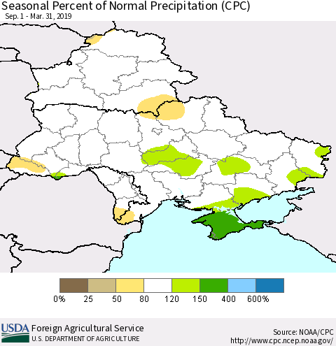 Ukraine, Moldova and Belarus Seasonal Percent of Normal Precipitation (CPC) Thematic Map For 9/1/2018 - 3/31/2019