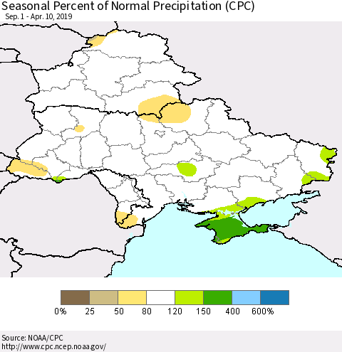 Ukraine, Moldova and Belarus Seasonal Percent of Normal Precipitation (CPC) Thematic Map For 9/1/2018 - 4/10/2019