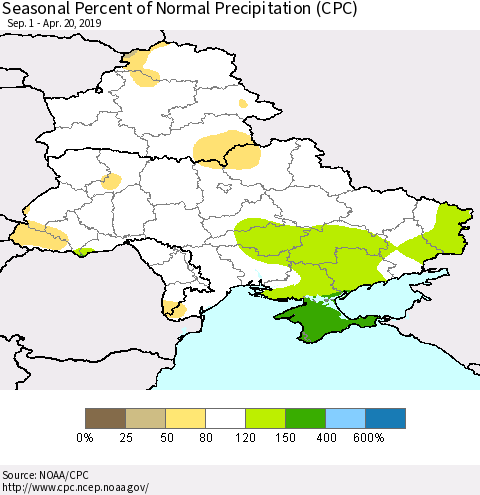 Ukraine, Moldova and Belarus Seasonal Percent of Normal Precipitation (CPC) Thematic Map For 9/1/2018 - 4/20/2019