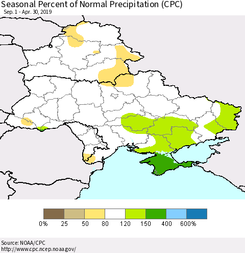 Ukraine, Moldova and Belarus Seasonal Percent of Normal Precipitation (CPC) Thematic Map For 9/1/2018 - 4/30/2019