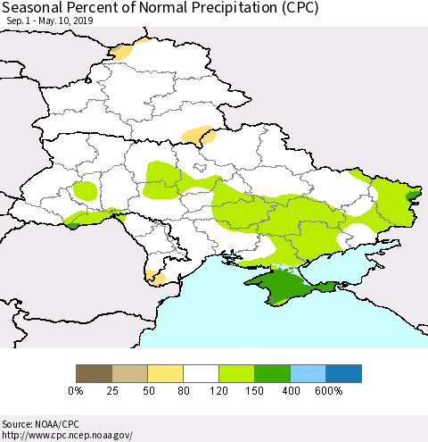 Ukraine, Moldova and Belarus Seasonal Percent of Normal Precipitation (CPC) Thematic Map For 9/1/2018 - 5/10/2019