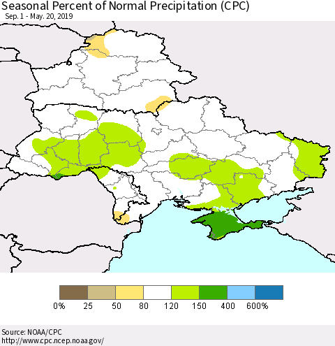 Ukraine, Moldova and Belarus Seasonal Percent of Normal Precipitation (CPC) Thematic Map For 9/1/2018 - 5/20/2019