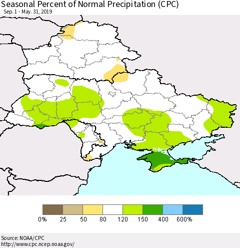 Ukraine, Moldova and Belarus Seasonal Percent of Normal Precipitation (CPC) Thematic Map For 9/1/2018 - 5/31/2019