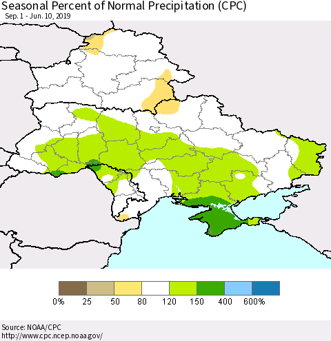Ukraine, Moldova and Belarus Seasonal Percent of Normal Precipitation (CPC) Thematic Map For 9/1/2018 - 6/10/2019
