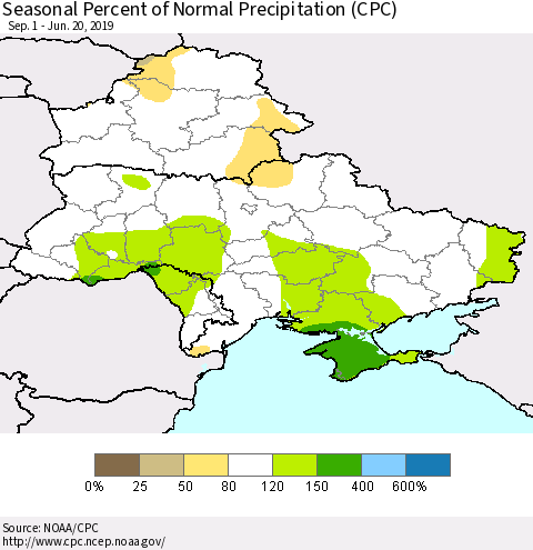 Ukraine, Moldova and Belarus Seasonal Percent of Normal Precipitation (CPC) Thematic Map For 9/1/2018 - 6/20/2019