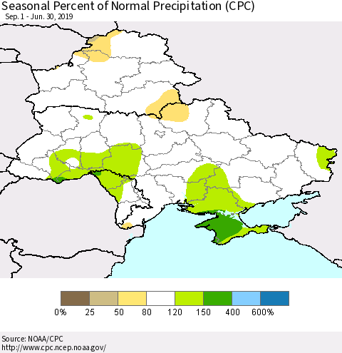 Ukraine, Moldova and Belarus Seasonal Percent of Normal Precipitation (CPC) Thematic Map For 9/1/2018 - 6/30/2019
