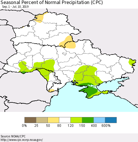 Ukraine, Moldova and Belarus Seasonal Percent of Normal Precipitation (CPC) Thematic Map For 9/1/2018 - 7/10/2019