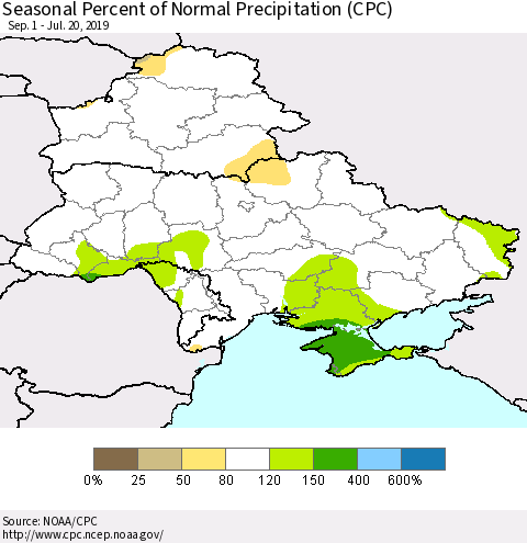 Ukraine, Moldova and Belarus Seasonal Percent of Normal Precipitation (CPC) Thematic Map For 9/1/2018 - 7/20/2019