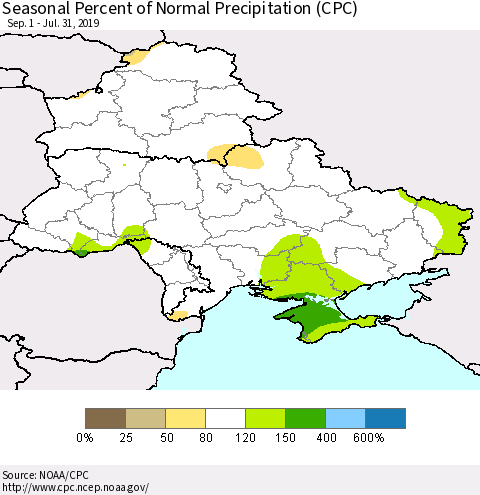 Ukraine, Moldova and Belarus Seasonal Percent of Normal Precipitation (CPC) Thematic Map For 9/1/2018 - 7/31/2019