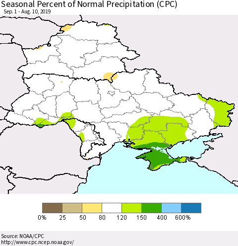 Ukraine, Moldova and Belarus Seasonal Percent of Normal Precipitation (CPC) Thematic Map For 9/1/2018 - 8/10/2019