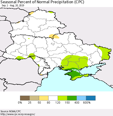 Ukraine, Moldova and Belarus Seasonal Percent of Normal Precipitation (CPC) Thematic Map For 9/1/2018 - 8/20/2019