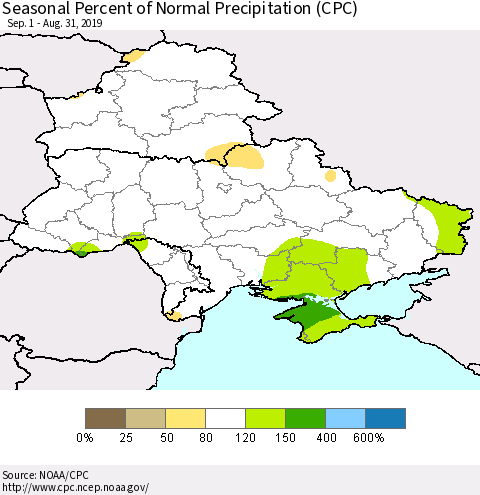 Ukraine, Moldova and Belarus Seasonal Percent of Normal Precipitation (CPC) Thematic Map For 9/1/2018 - 8/31/2019