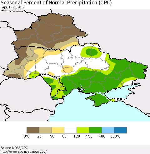 Ukraine, Moldova and Belarus Seasonal Percent of Normal Precipitation (CPC) Thematic Map For 4/1/2019 - 4/20/2019