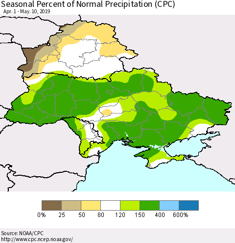 Ukraine, Moldova and Belarus Seasonal Percent of Normal Precipitation (CPC) Thematic Map For 4/1/2019 - 5/10/2019