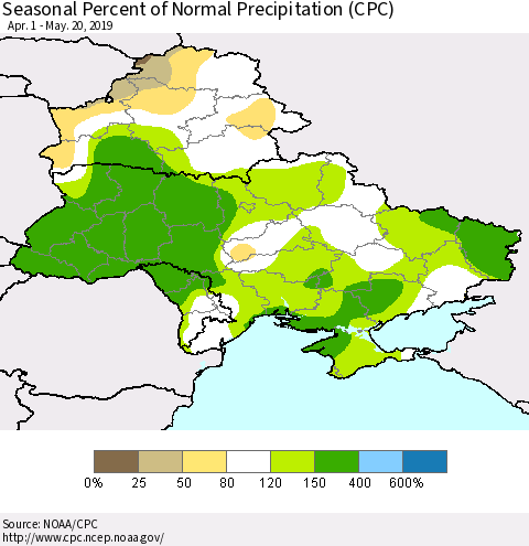 Ukraine, Moldova and Belarus Seasonal Percent of Normal Precipitation (CPC) Thematic Map For 4/1/2019 - 5/20/2019