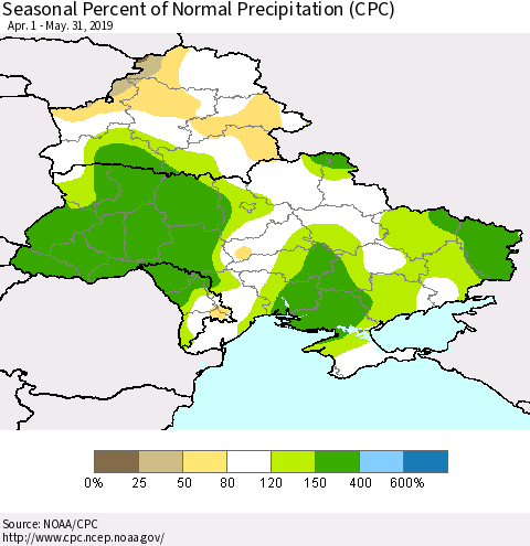 Ukraine, Moldova and Belarus Seasonal Percent of Normal Precipitation (CPC) Thematic Map For 4/1/2019 - 5/31/2019
