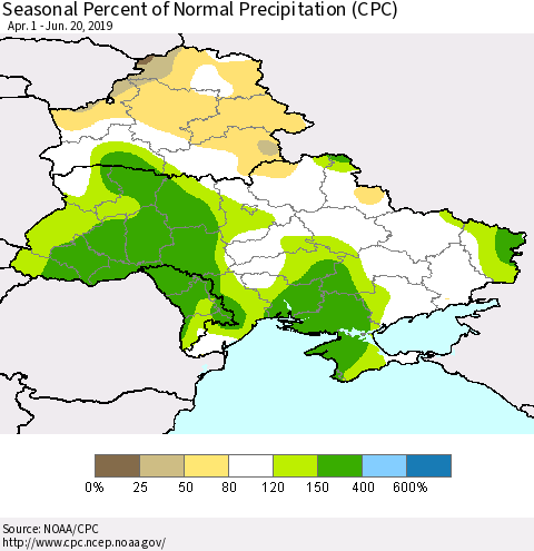 Ukraine, Moldova and Belarus Seasonal Percent of Normal Precipitation (CPC) Thematic Map For 4/1/2019 - 6/20/2019