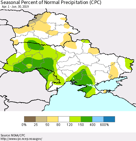 Ukraine, Moldova and Belarus Seasonal Percent of Normal Precipitation (CPC) Thematic Map For 4/1/2019 - 6/30/2019