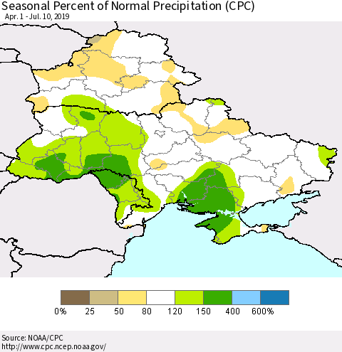 Ukraine, Moldova and Belarus Seasonal Percent of Normal Precipitation (CPC) Thematic Map For 4/1/2019 - 7/10/2019