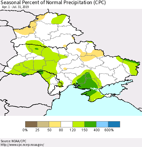 Ukraine, Moldova and Belarus Seasonal Percent of Normal Precipitation (CPC) Thematic Map For 4/1/2019 - 7/31/2019