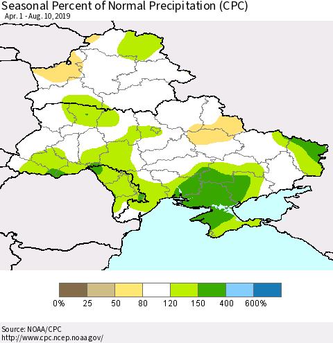 Ukraine, Moldova and Belarus Seasonal Percent of Normal Precipitation (CPC) Thematic Map For 4/1/2019 - 8/10/2019