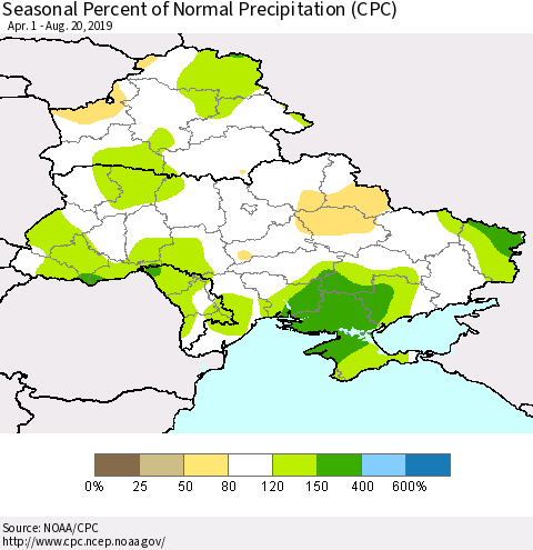 Ukraine, Moldova and Belarus Seasonal Percent of Normal Precipitation (CPC) Thematic Map For 4/1/2019 - 8/20/2019