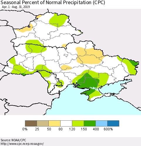 Ukraine, Moldova and Belarus Seasonal Percent of Normal Precipitation (CPC) Thematic Map For 4/1/2019 - 8/31/2019