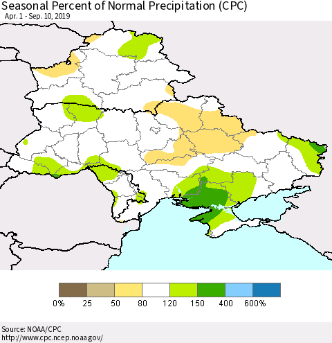 Ukraine, Moldova and Belarus Seasonal Percent of Normal Precipitation (CPC) Thematic Map For 4/1/2019 - 9/10/2019