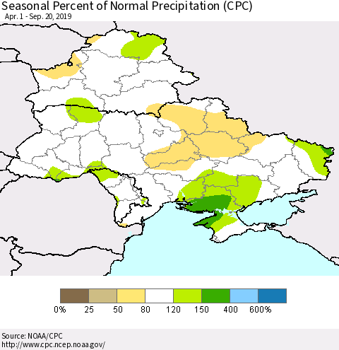 Ukraine, Moldova and Belarus Seasonal Percent of Normal Precipitation (CPC) Thematic Map For 4/1/2019 - 9/20/2019