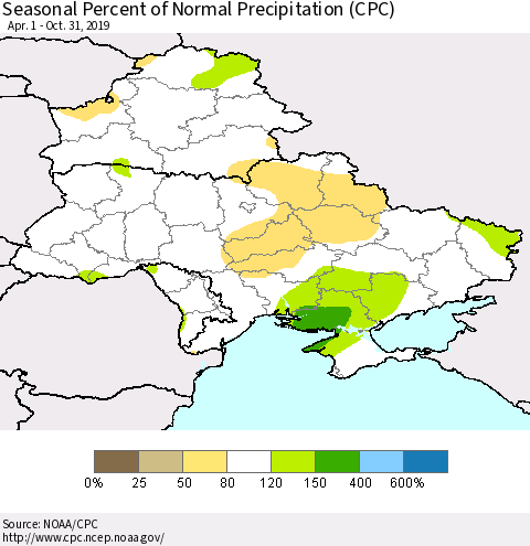 Ukraine, Moldova and Belarus Seasonal Percent of Normal Precipitation (CPC) Thematic Map For 4/1/2019 - 10/31/2019
