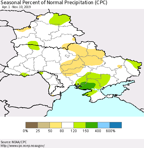 Ukraine, Moldova and Belarus Seasonal Percent of Normal Precipitation (CPC) Thematic Map For 4/1/2019 - 11/10/2019