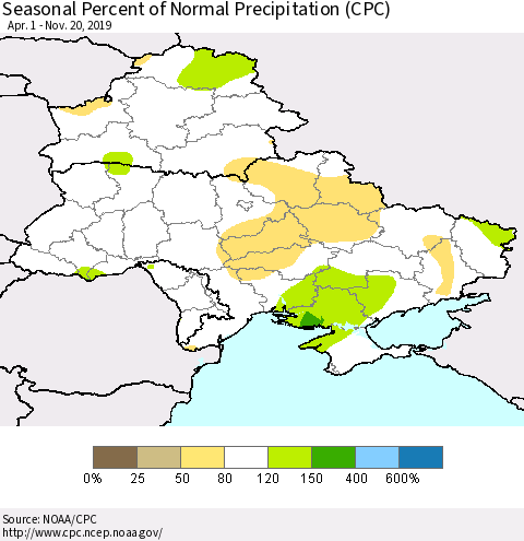 Ukraine, Moldova and Belarus Seasonal Percent of Normal Precipitation (CPC) Thematic Map For 4/1/2019 - 11/20/2019